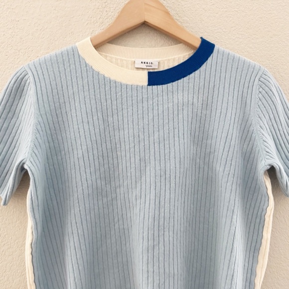 Akris Punto Virgin Wool Short Sleeve Sweater Womens US 14 Blue Cream Ribbed Crew - Picture 8 of 13